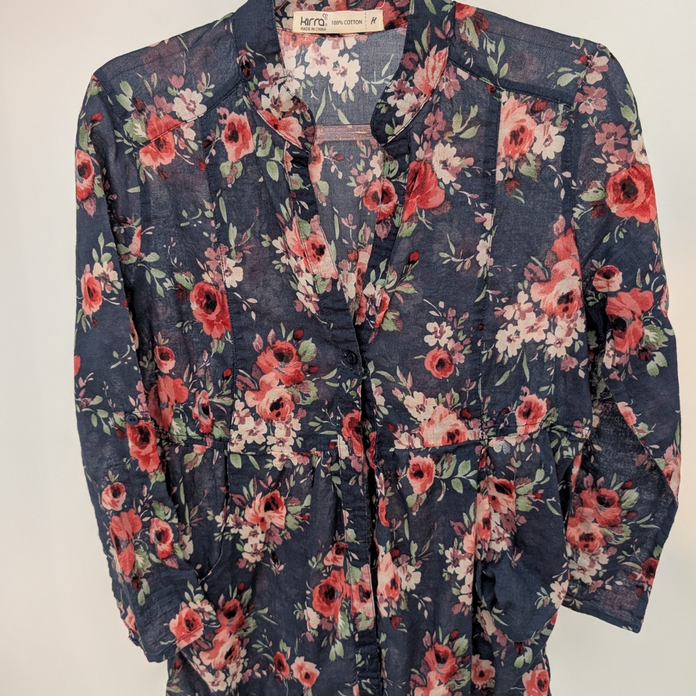 Kirra Navy Floral Button-Front Blouse with Pink Roses
